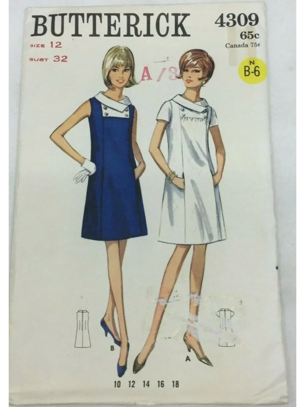 Vintage Butterick 4309 Womens Semi Fitted A-line Dress Collar Sewing Craft 12